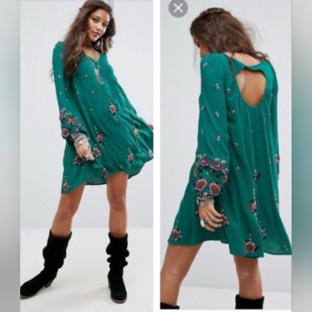 Free People Sweet Tennessee Swing Mini Dress Green Multicolor Embroidered Boho L - Picture 7 of 7
